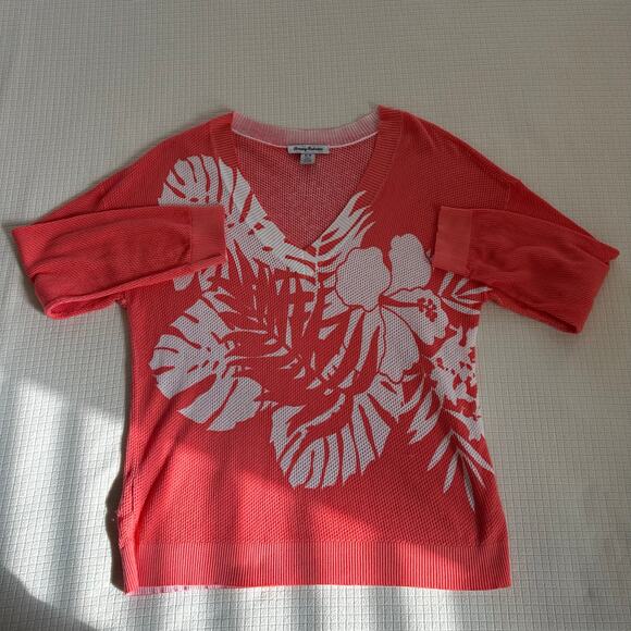 Tommy Bahama Courtside Palm V-Neck Coral Mesh Lightweight Pullover Sweater US M - Picture 1 of 10